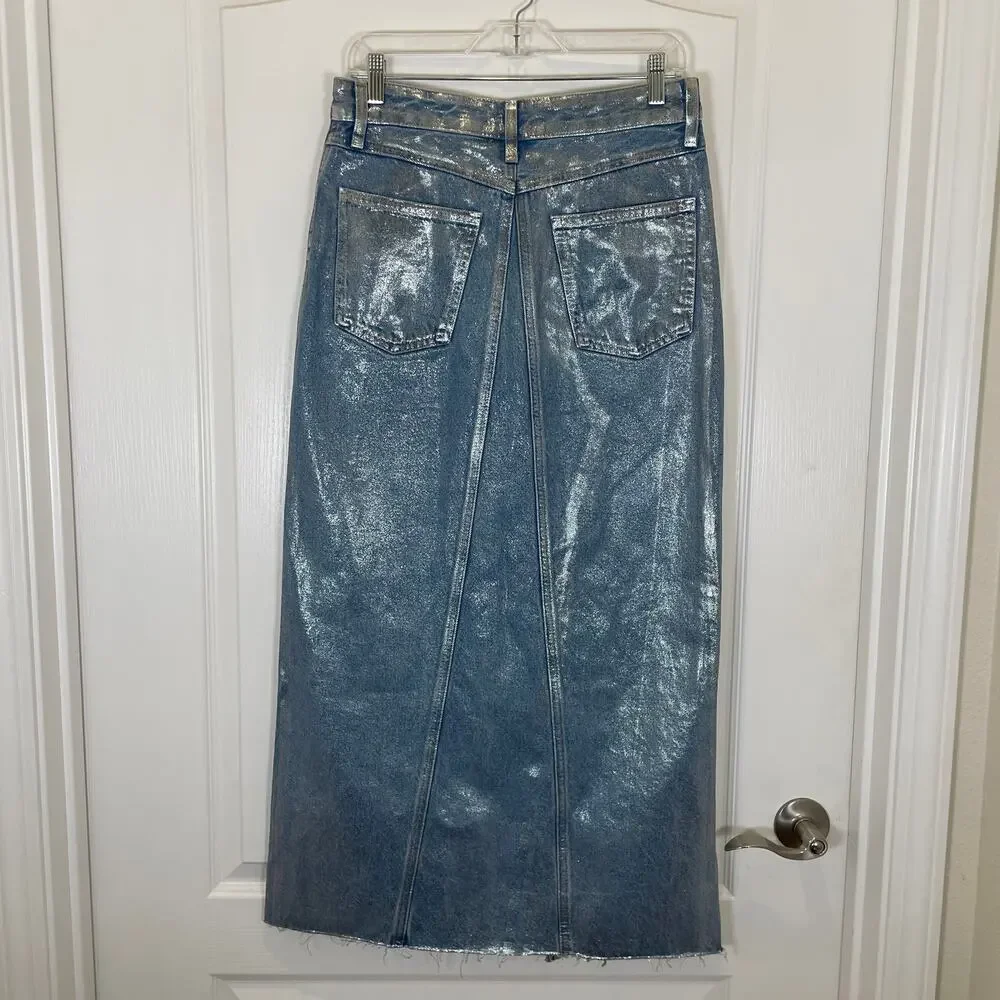 Zara Metallic Denim Skirt Coated Silver Maxi Asymmetric w/ Slit Futuristic NWT S